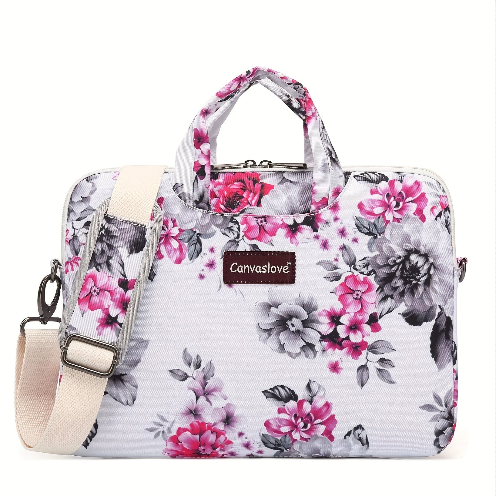 Water-Resistant Canvas Laptop Bag with Rose Pattern and Adjustable Shoulder Strap