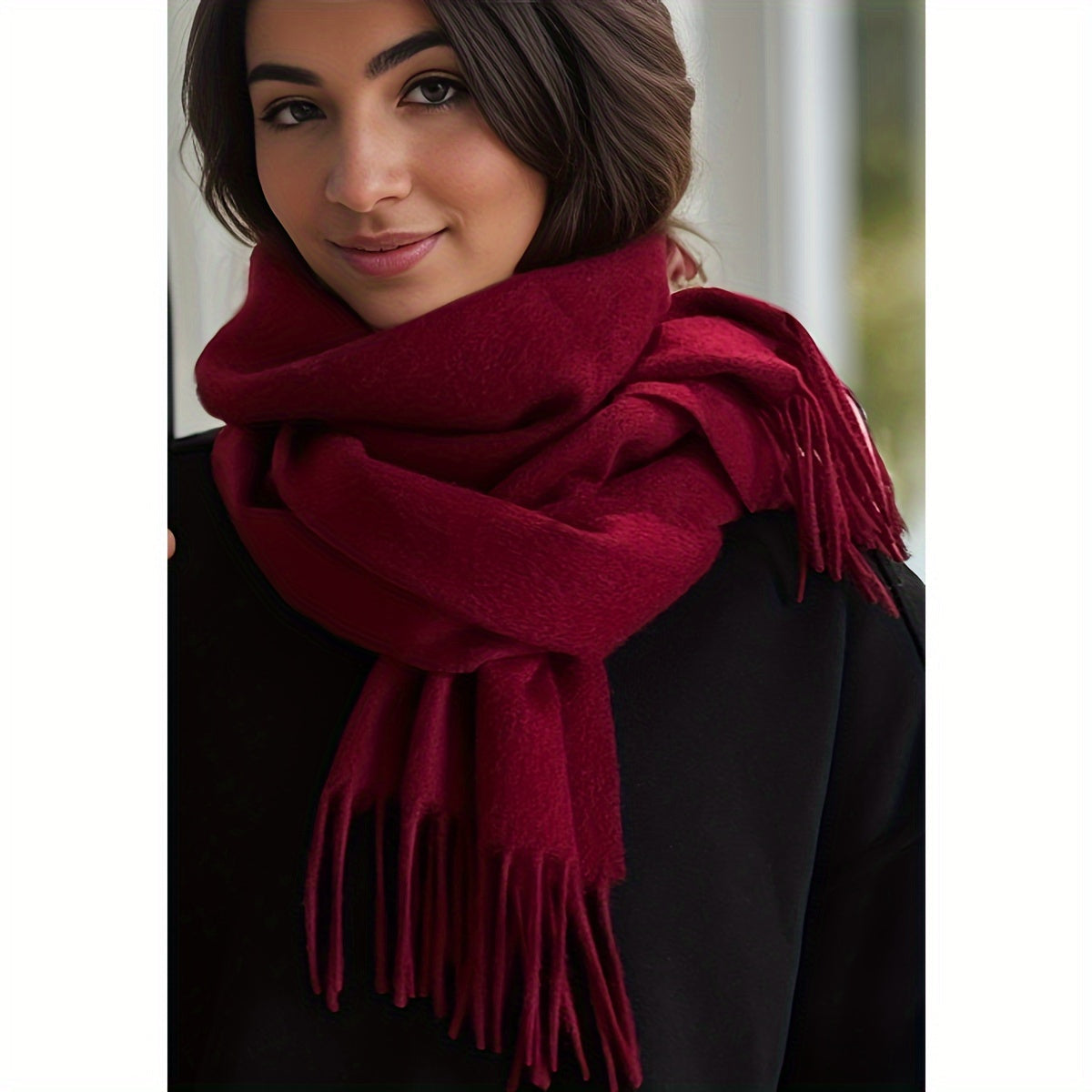 Bufanda de poliéster de color sólido para hombre y mujer para otoño e invierno con detalle de flecos