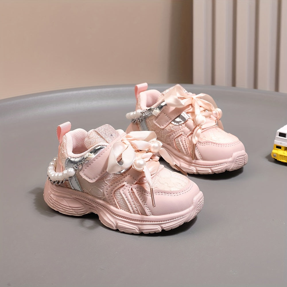 Girls Casual Pearl Chain Low Top Sneakers for Spring and Fall Non-Slip Sport Shoes