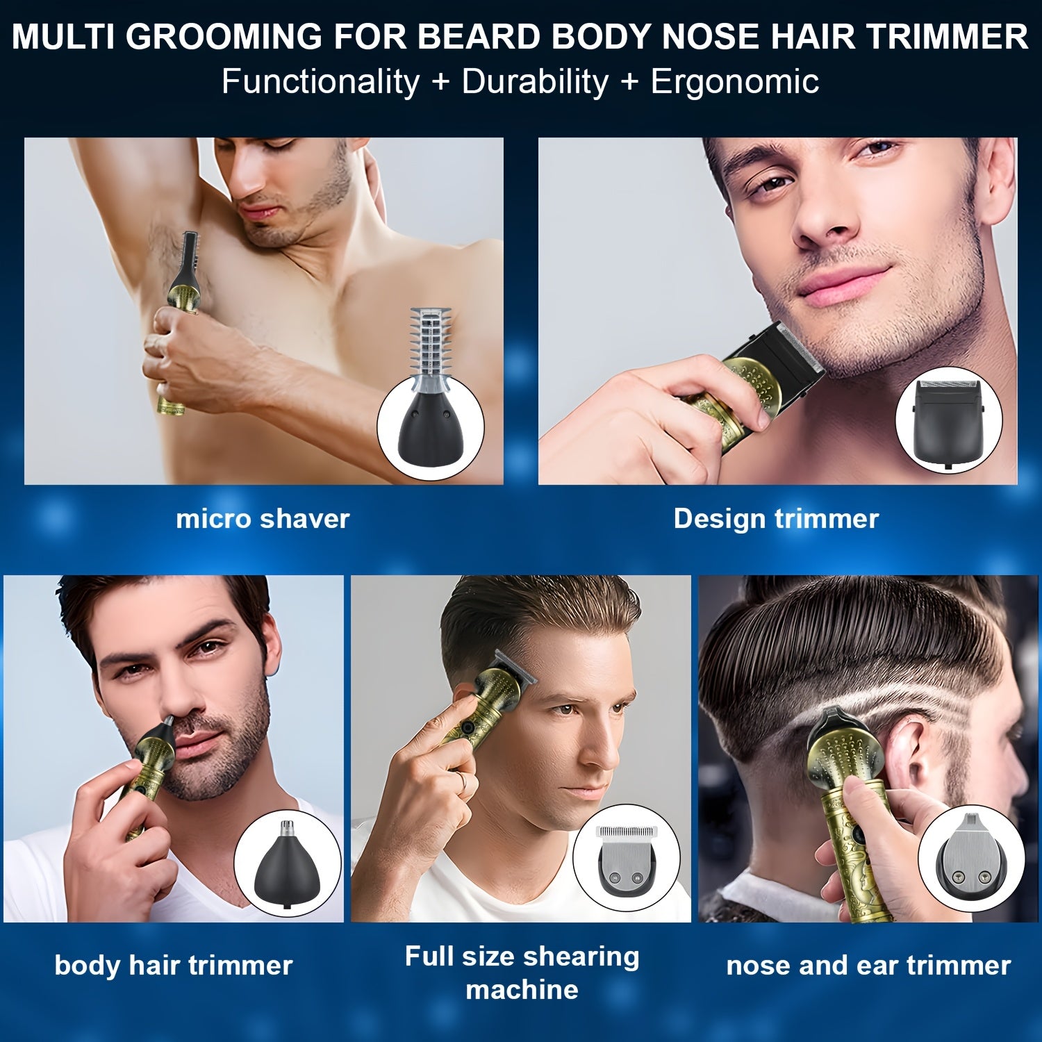 Мужской набор для ухода за 6 в 1 Электрическая машинка для стрижки USB-зарядка ЖК-дисплей Перезаряжаемый литий-ионный аккумулятор Стайлинг Бритьё