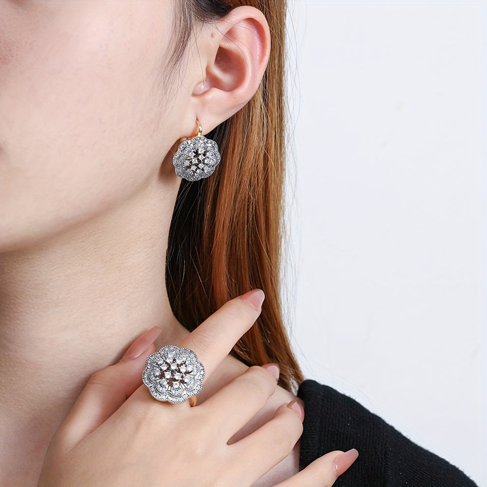 Copper Flower Earrings and Ring Set with Cubic Zirconia, Gold-Plated Jewelry for Women