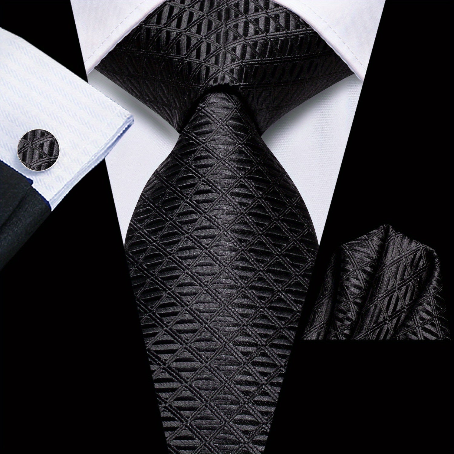 Men's Jacquard Woven Black Tie Set with Cufflinks and Hanky for Weddings and Business