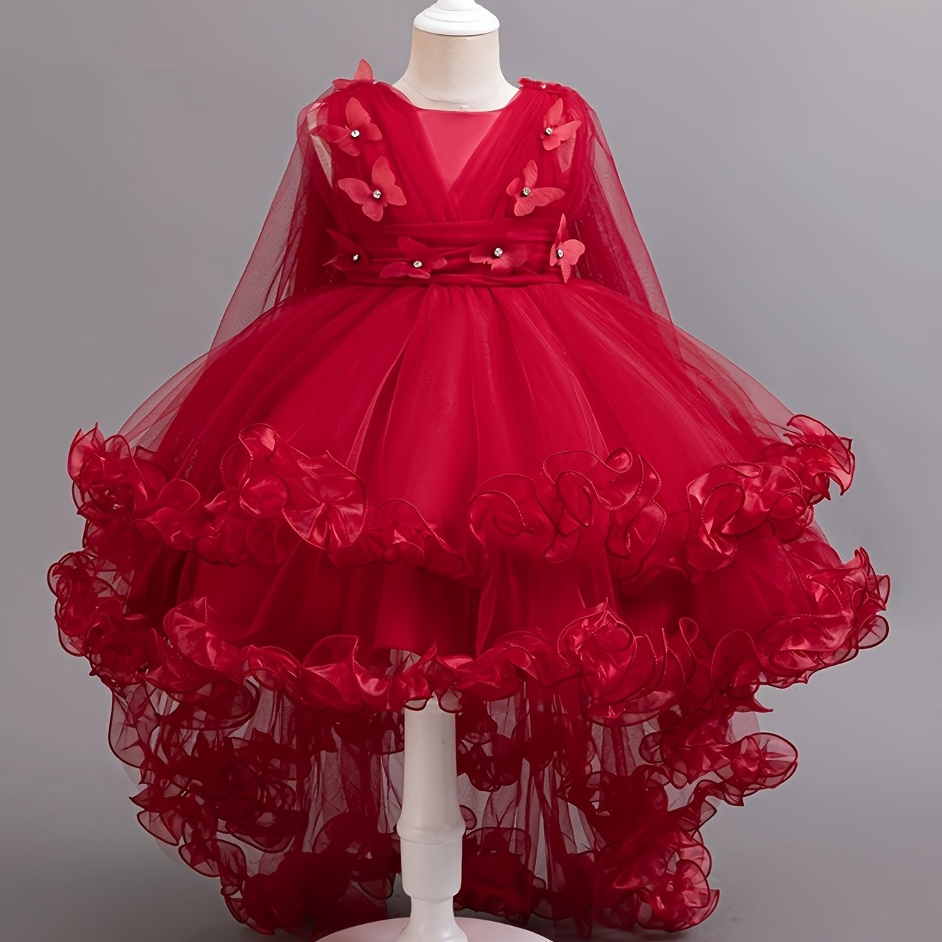 Girls Sleeveless Tulle Evening Dress with Train for Parties and Performances