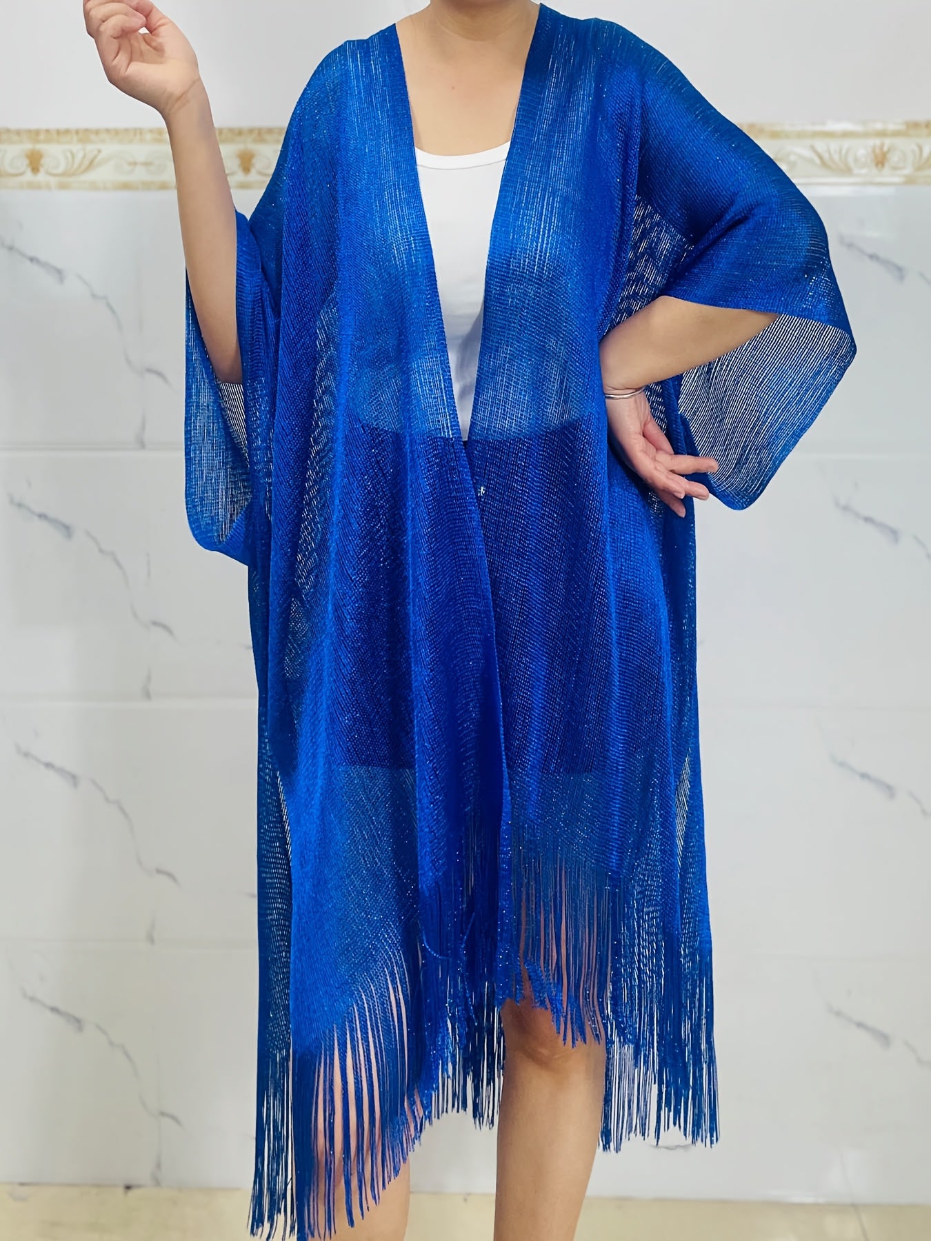 Bufanda de mujer de talla grande con flecos, ligera de poliéster