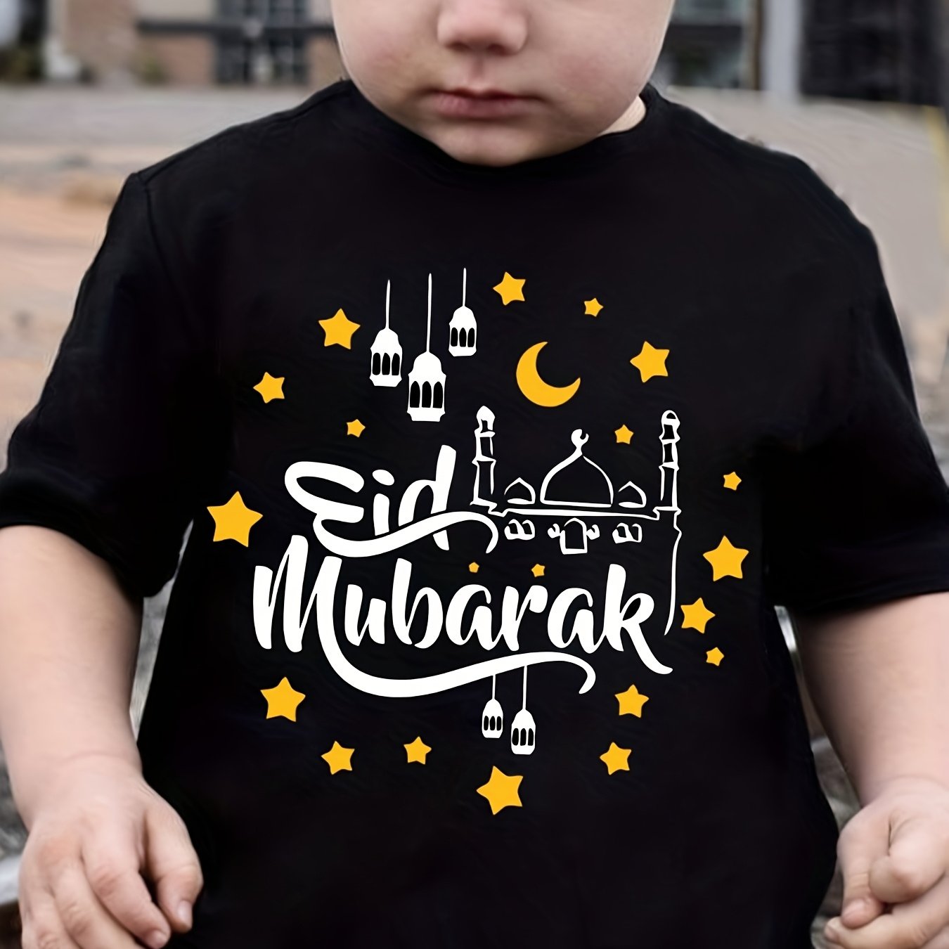 Boys Black Eid Mubarak T-Shirt Short Sleeve Mosque Stars Print Summer Casual Top