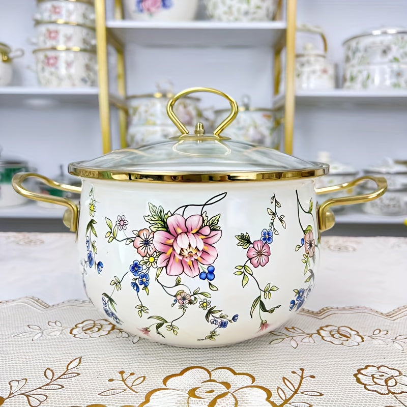 Enamel Stew Pot with Stainless Steel Handle and Transparent Cover for Gas and Electric Stoves