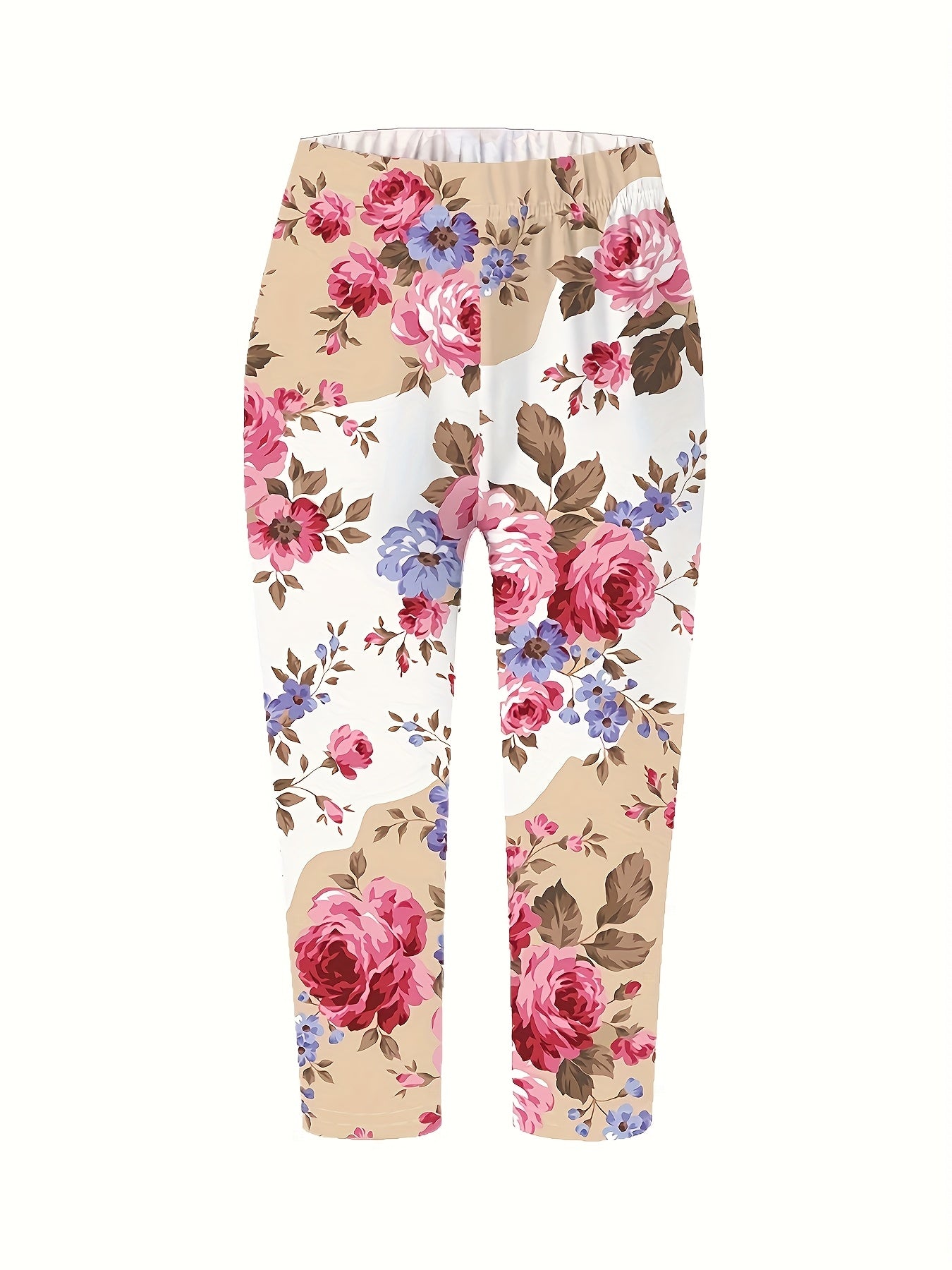 Women's Plus Size Floral Print Capri Leggings Stretch Waist Pink Blue Rose