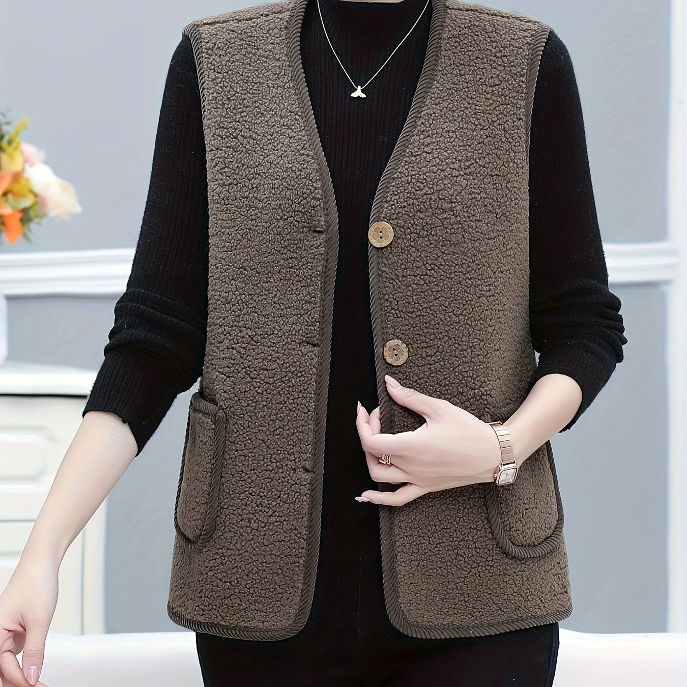 Women's Fleece-Lined Vest with Pockets Casual Sleeveless Knit Polyester Solid