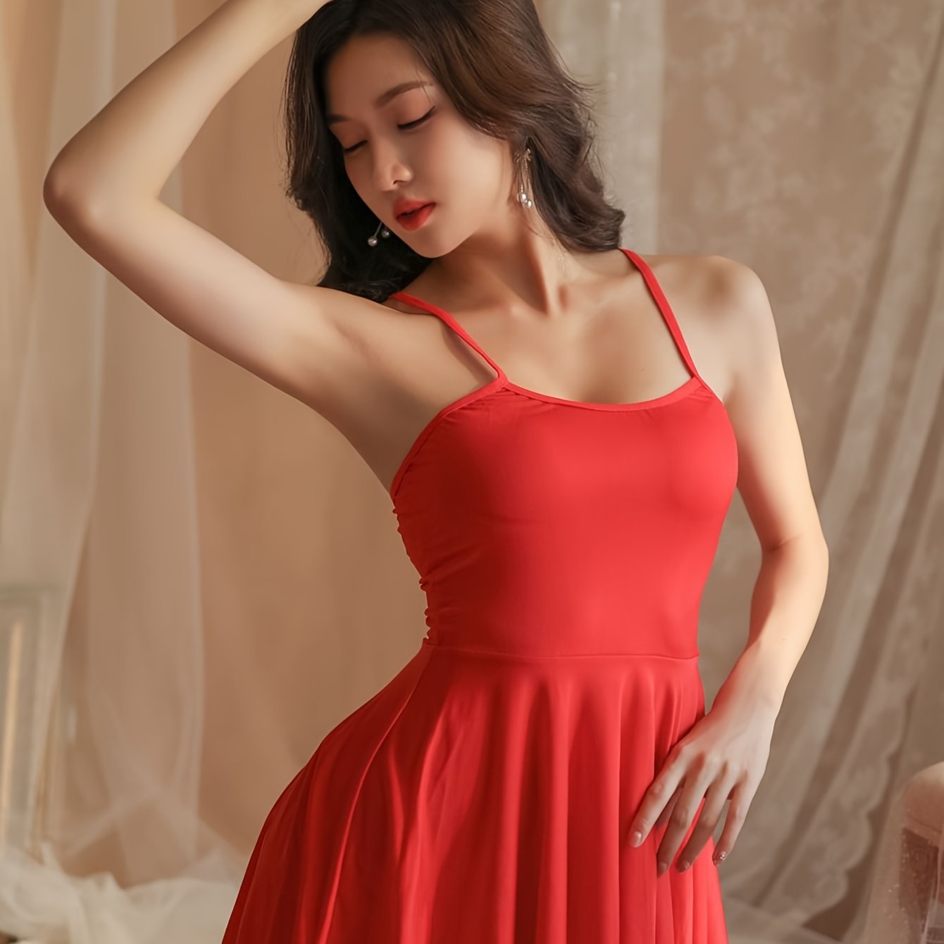 Women's Red Slip Dress with Backless Design and Semi-Sheer Polyester Knit