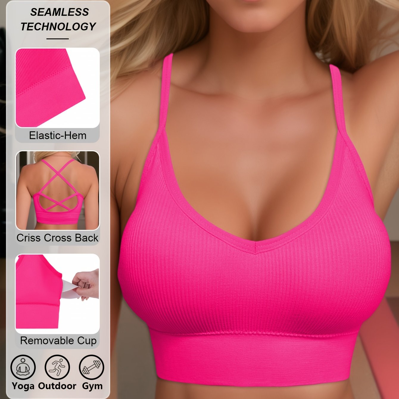 Sujetador deportivo de punto de poliamida para mujer, con alto soporte, sin espalda, relleno removible para yoga y fitness