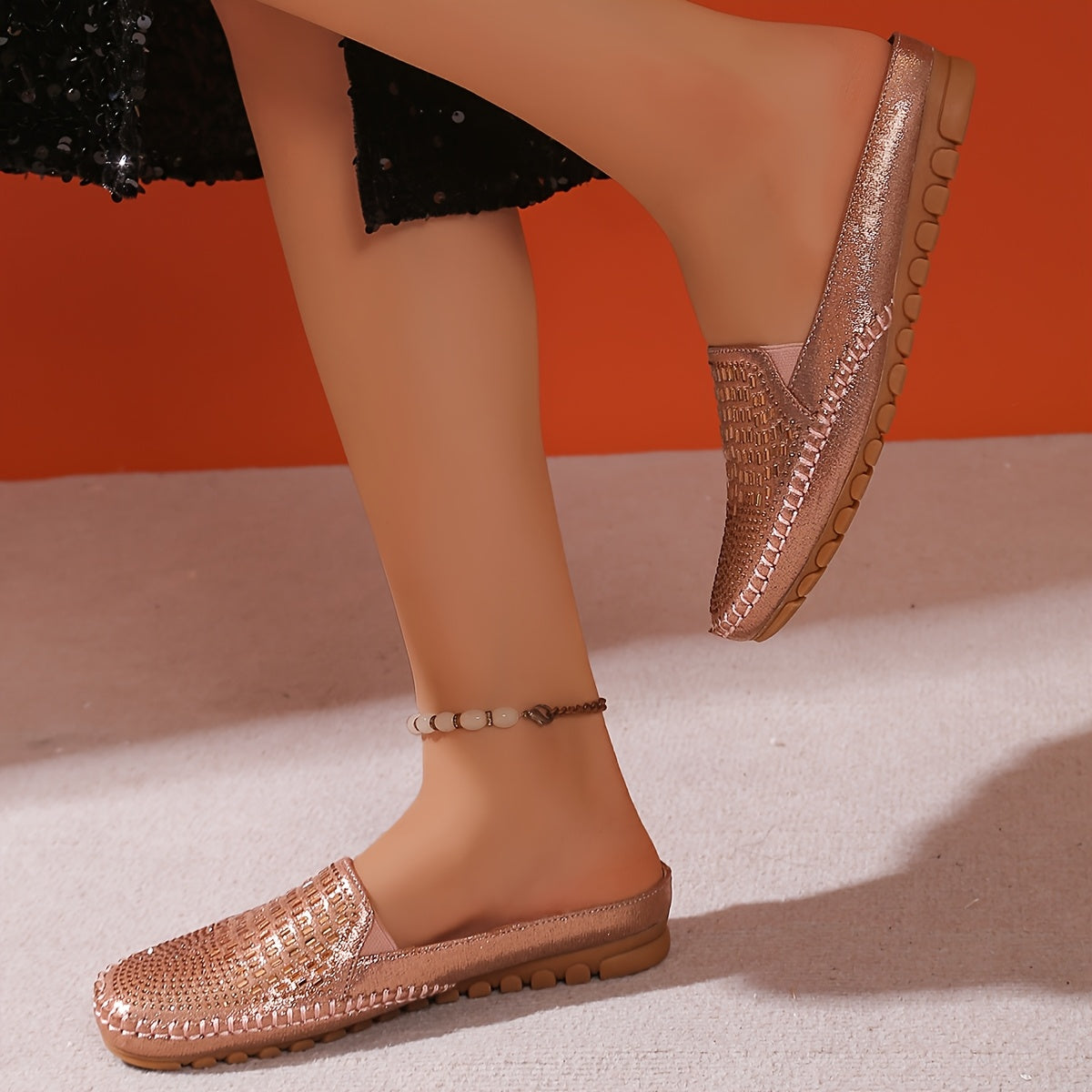 Zapatillas casuales para exteriores para mujer, zapatos planos ligeros con detalles de lentejuelas