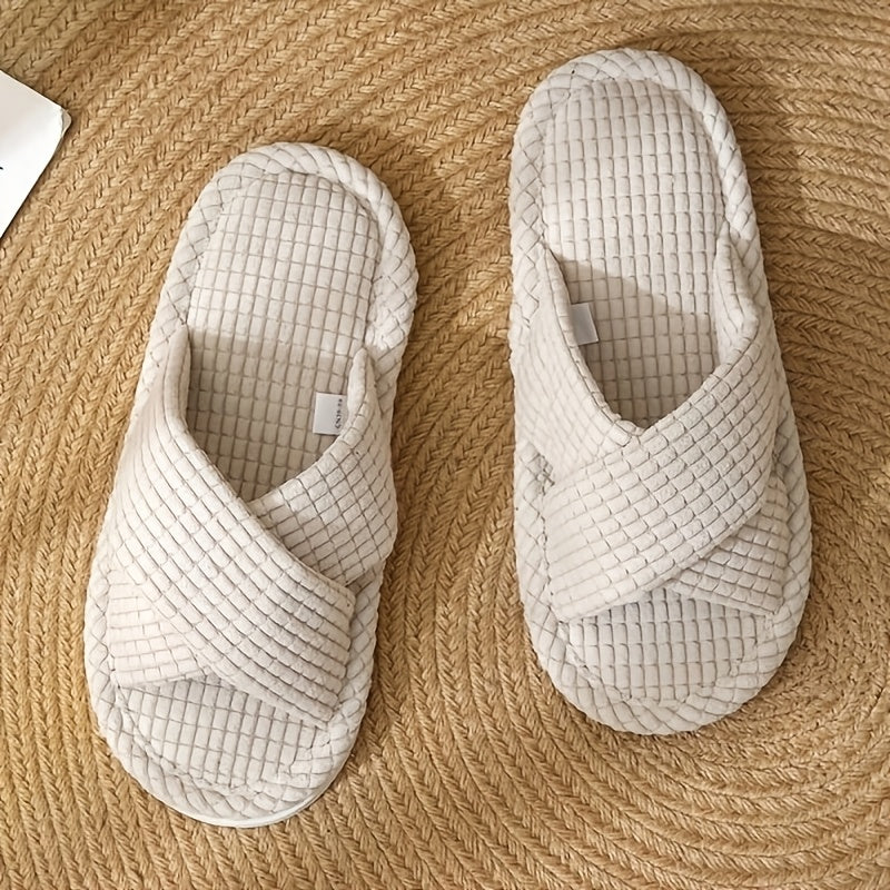 Ayollar uchun pushti vafli toʻqilgan slip-on shlyapki, xoch strap bilan, yotoqxona va hammom uchun