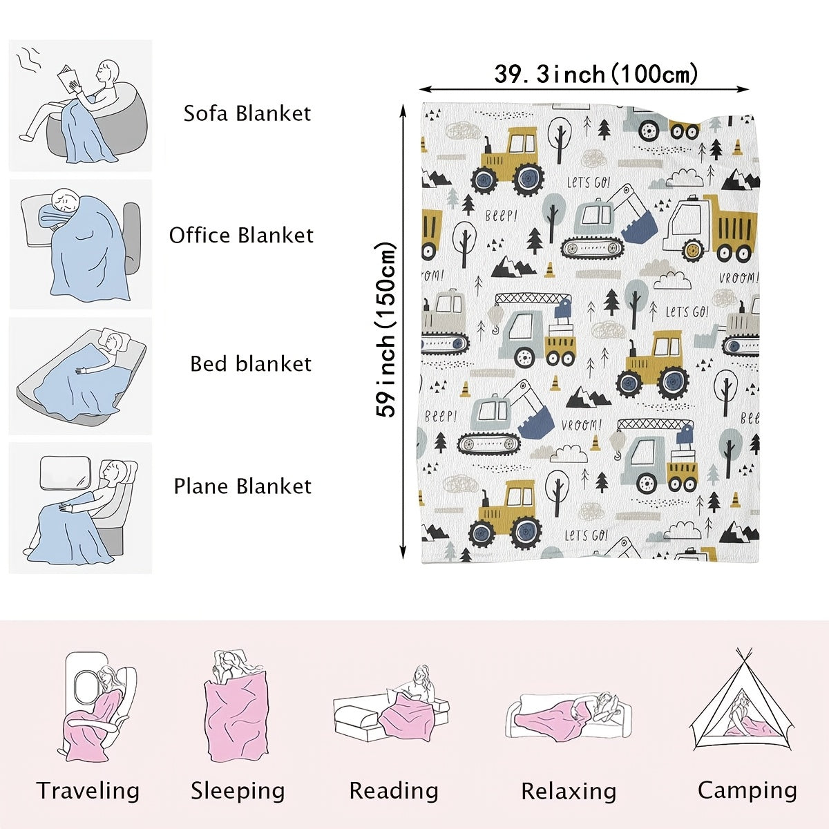 Cartoon Construction Vehicles Flannel Blanket Soft Cozy Lightweight Polyester Fleece