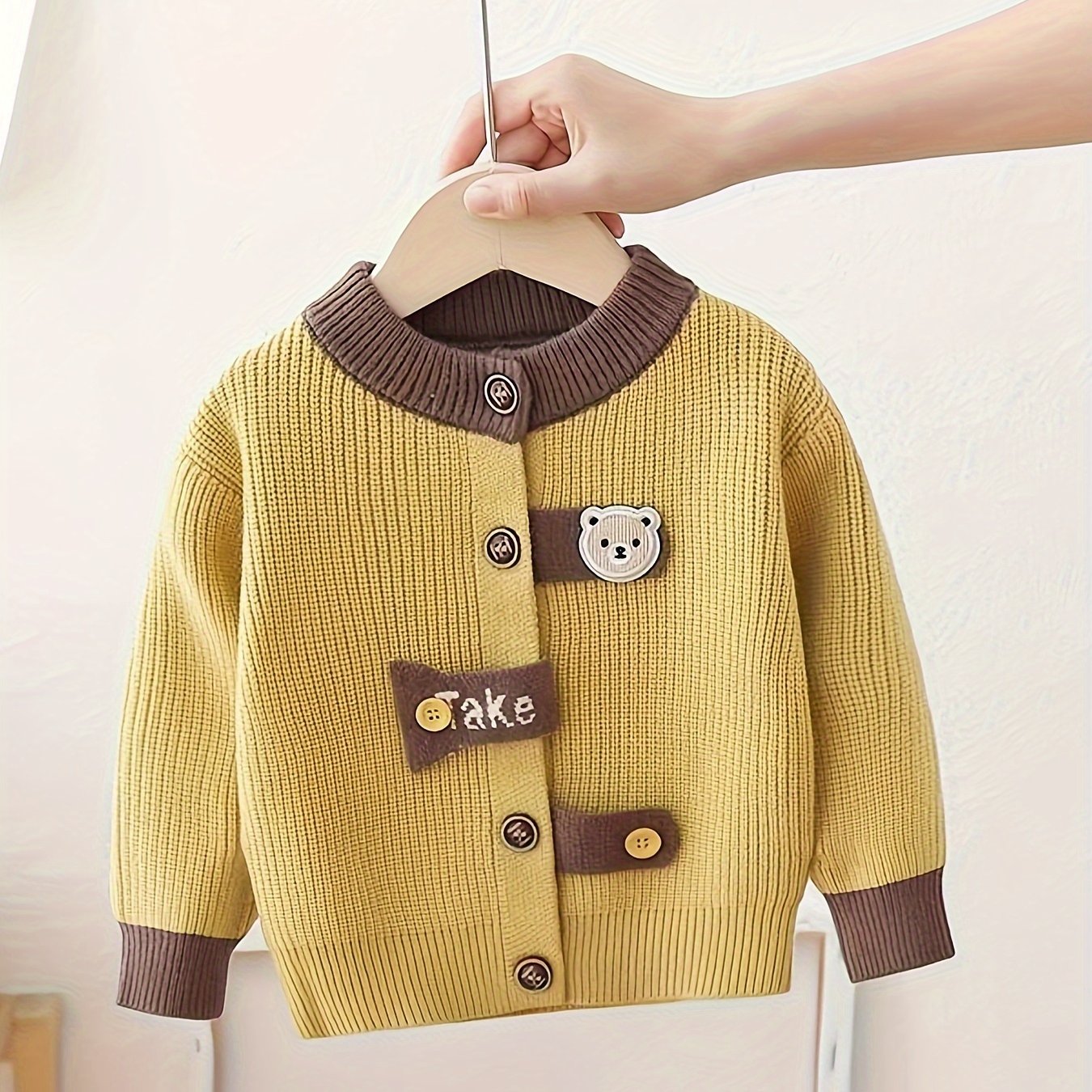 Boys' Mustard Yellow Knit Cardigan with Bear Patch Long Sleeve Fall Winter Kids' Sweater