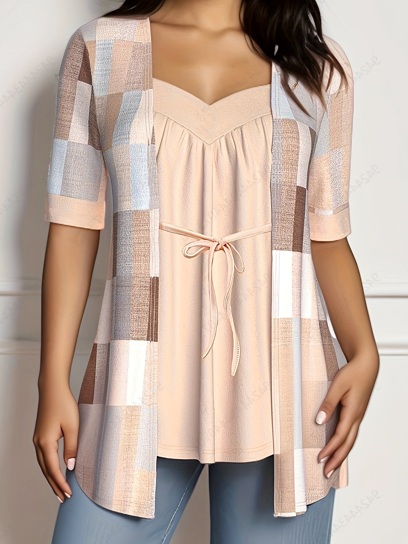 Кардиган женский в крупном размере из трикотажа с шнуровкой, геометрический принт, V-образный вырез, весна-осень