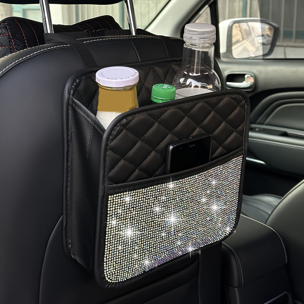 Organizador trasero para asiento de coche, bolsa de almacenamiento de cuero PU brillante para vehículos, negro