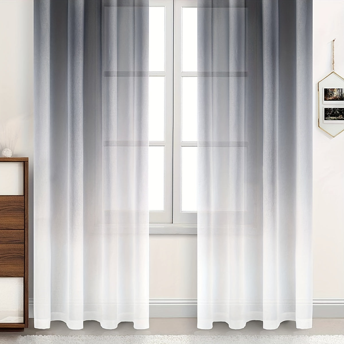 Gradient Sheer Curtain and Printed Rod Pocket Window Treatment Set for Living Rooms