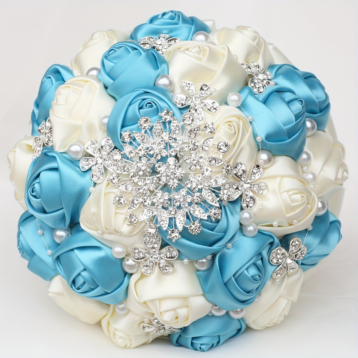 Wedding Bridal Satin Flower Handheld Accessory with Faux Pearls and Rhinestones