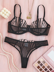 Women's Lace Push-Up Lingerie Set with Semi-Transparent Bra and Flower Embroidery