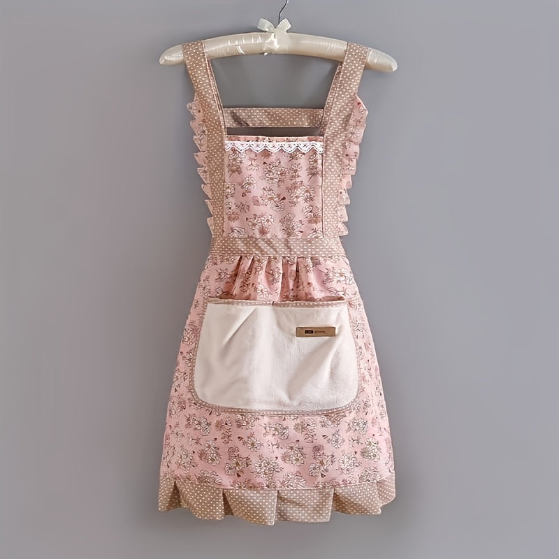 Floral Lace Princess Apron with Hand Wipe Pocket for Kitchen and Home in Pink or Green