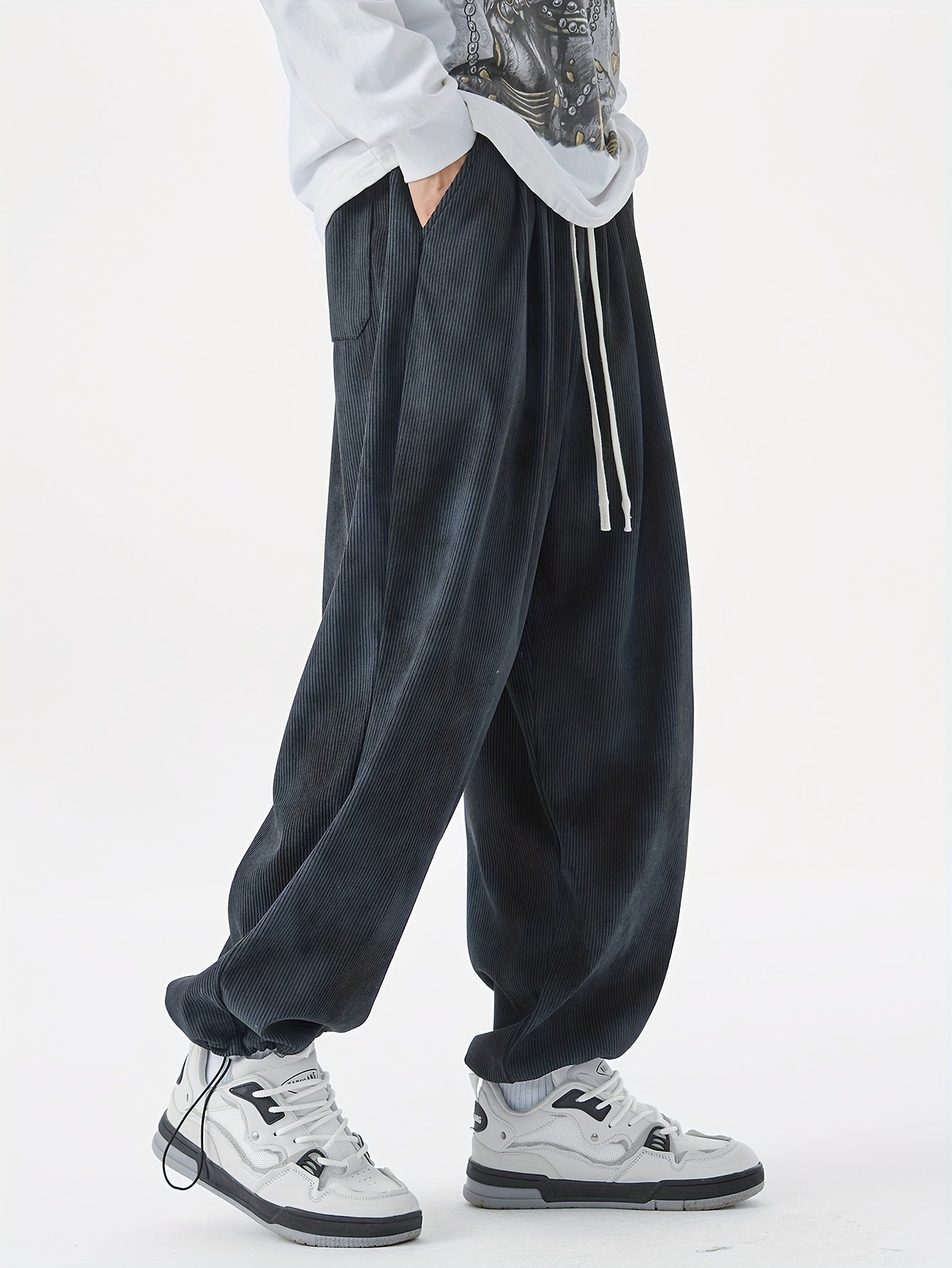 Men's Plus-Size Casual Drawstring Pants with Geometric Pattern Polyester Sports Trousers All-Season