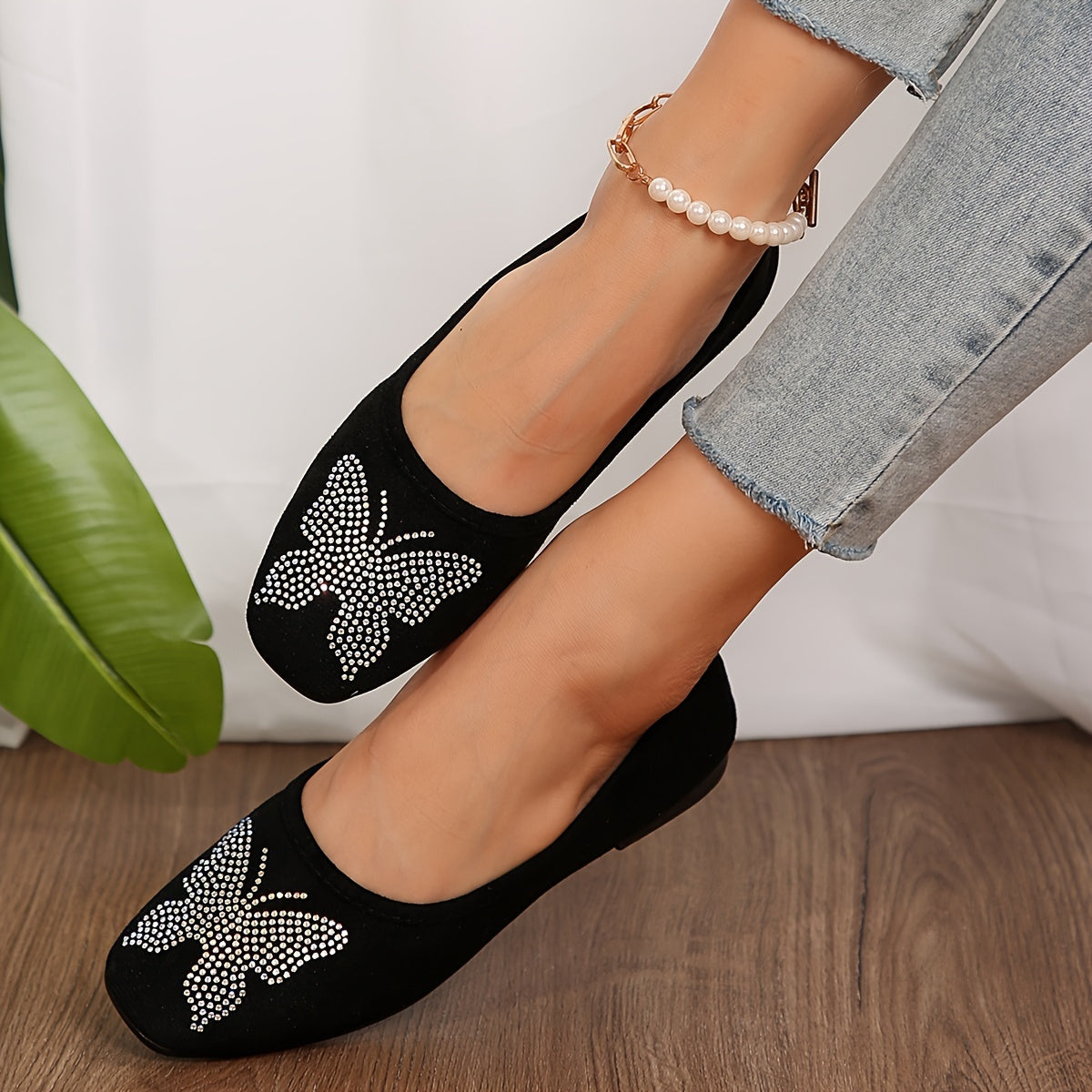 Ayollar uchun rhinestone bilan bezatilgan bow flats qora kvadrat botiq Mary Jane poyabzal, osongina kiyiladi