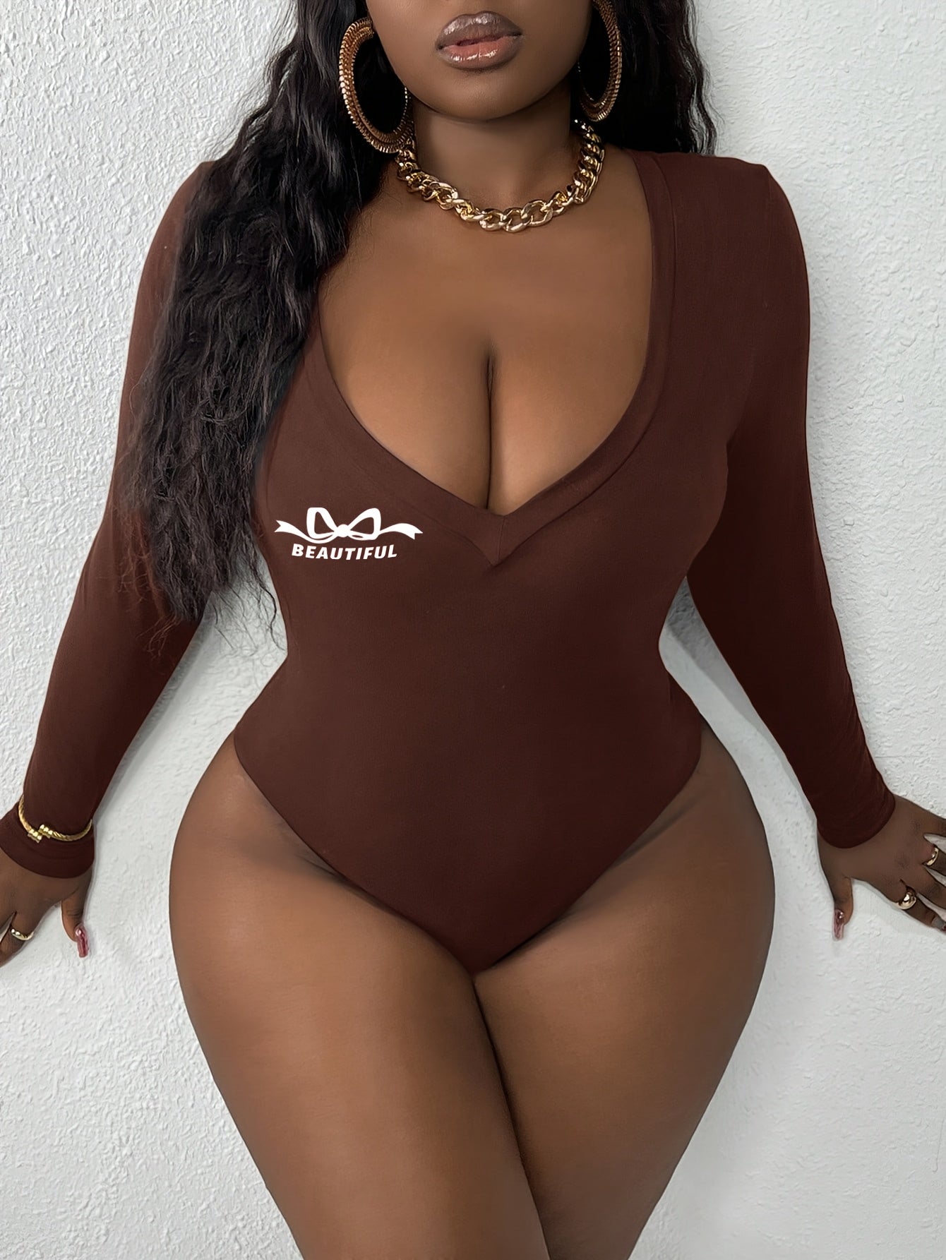 Plus Size Women's V-Neck Jumpsuit Bodycon Coffee Brown Letter Print Long Sleeve