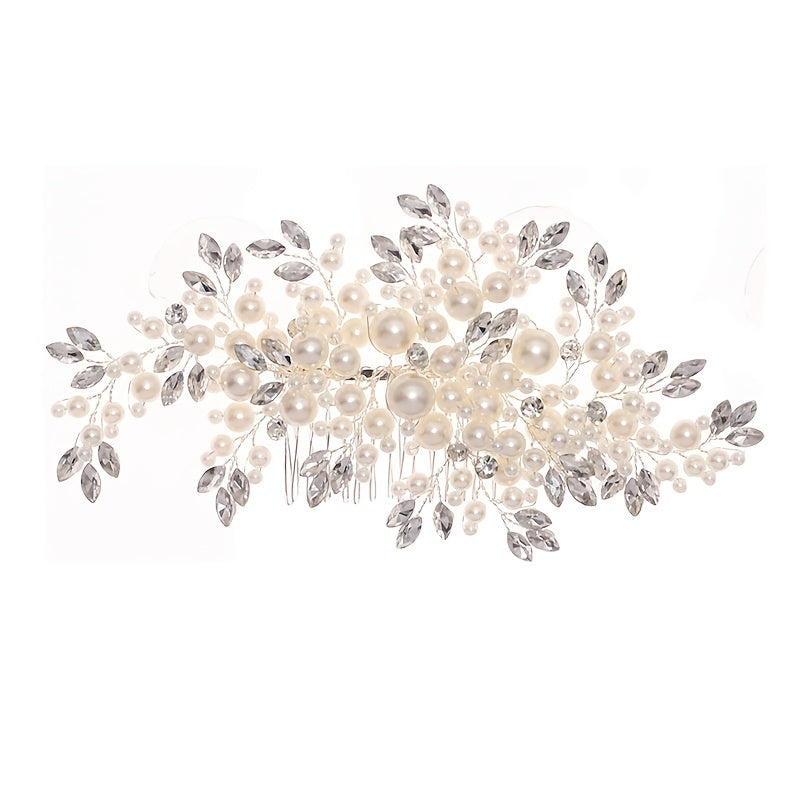 Handmade Silver Hair Comb Headpiece with Pearl and Rhinestone Accents for Weddings