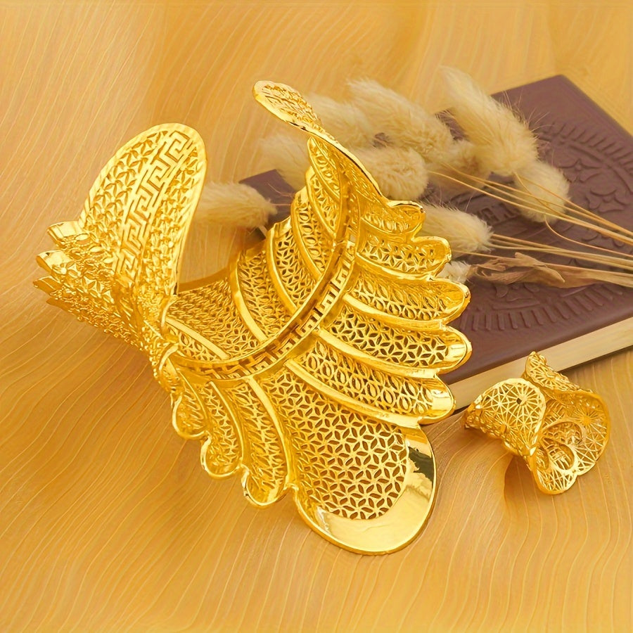 Set of 2 Gold Plated Copper Cuff Bracelets with Rings for Women Boho Chic Jewelry for Weddings Parties Gifts