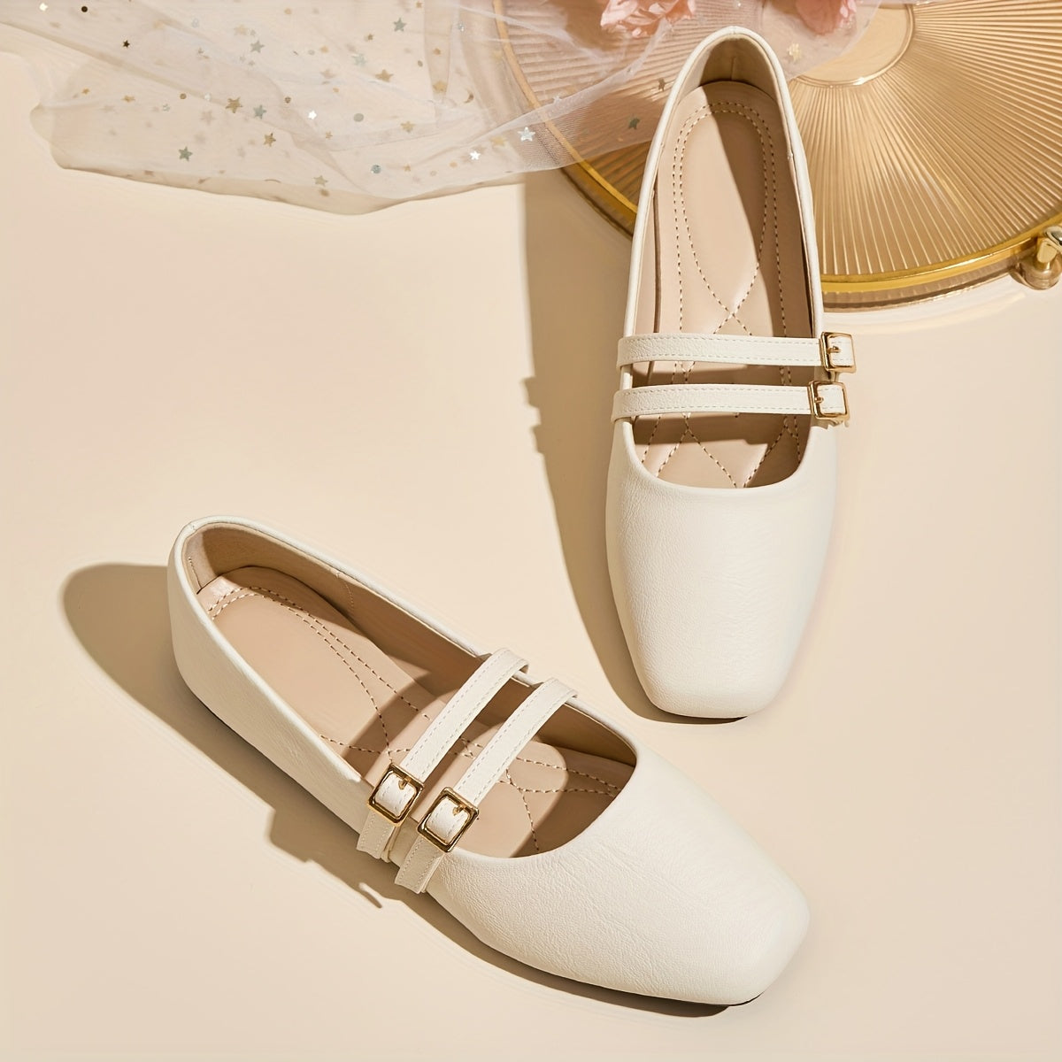 Women Slip-On Flats Beige Synthetic Mary Jane Shoes with Rubber Sole