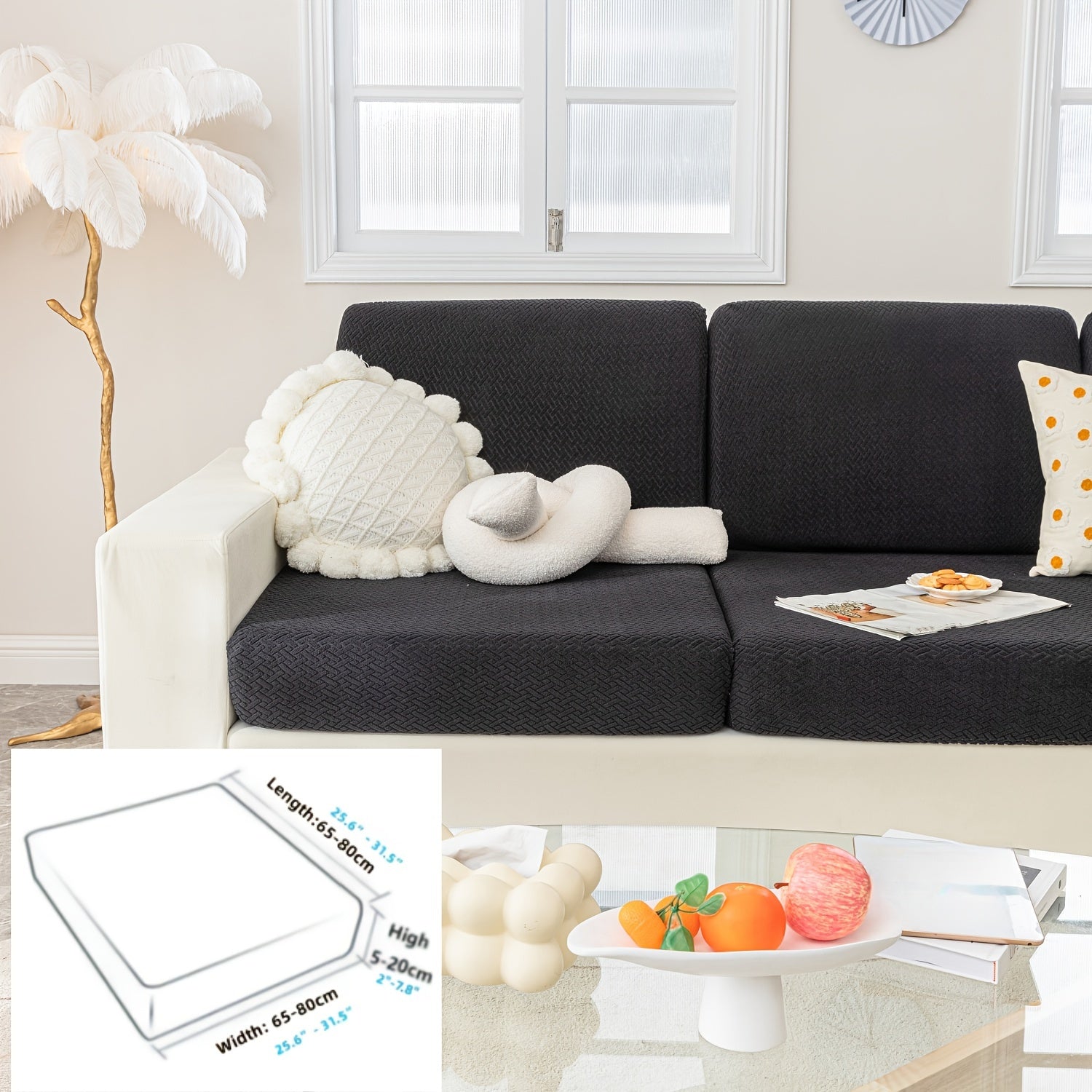 Современный серый чехол для подушки дивана с эластичной посадкой и мягкой текстурированной тканью. Машинная стирка для повышения комфорта в гостиной.