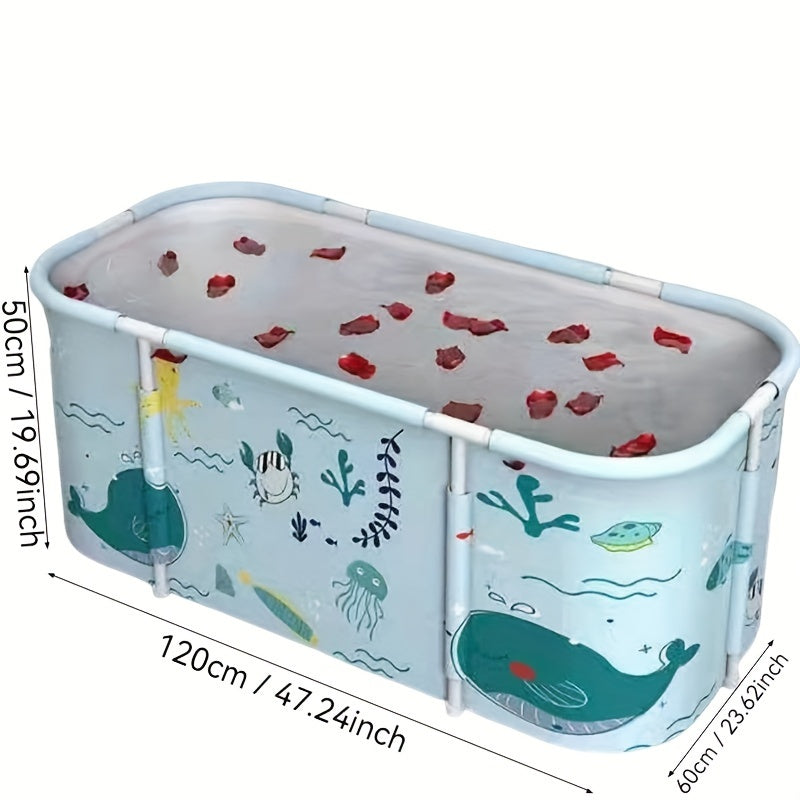 Adults Foldable Freestanding Bathtub PVC Blue White Marble Pattern Dual-Person Easy to Use