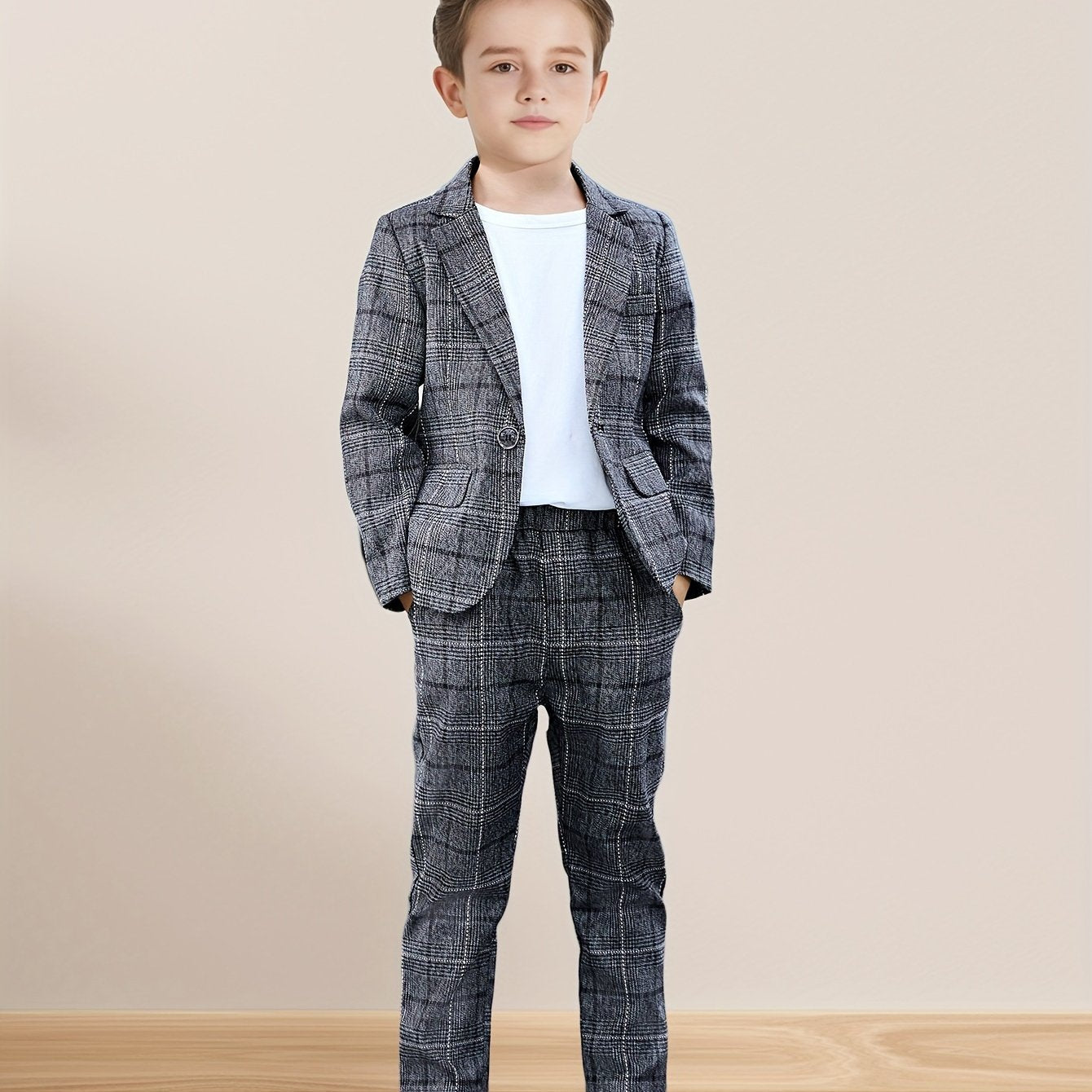 Boys Plaid Suit Set for Spring Fall Formal Events Over 3 Years Old Polyester Blend Korean Style