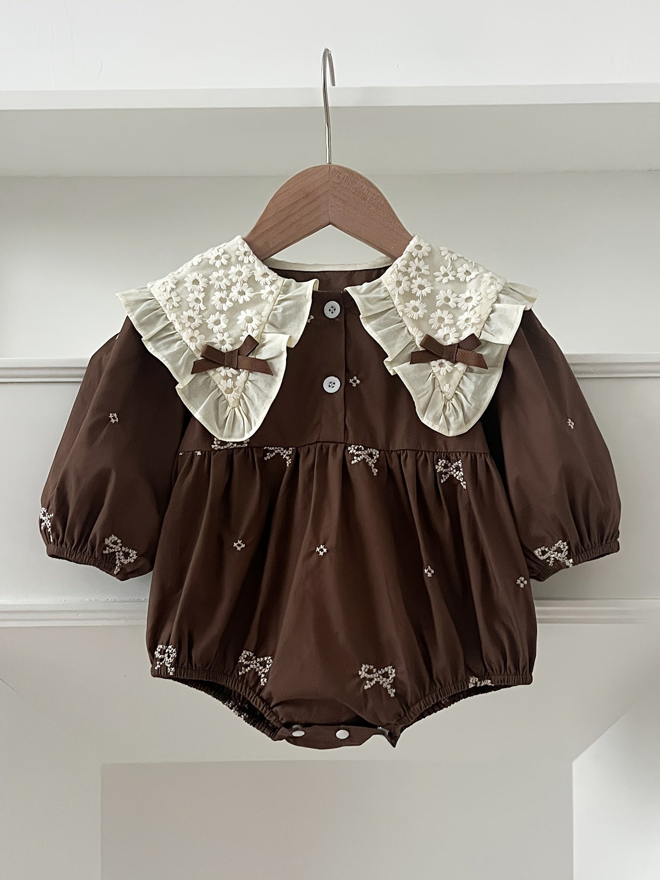 Baby Girl Floral Embroidered Cotton Long-Sleeve Romper for Spring Fall Outdoor Wear