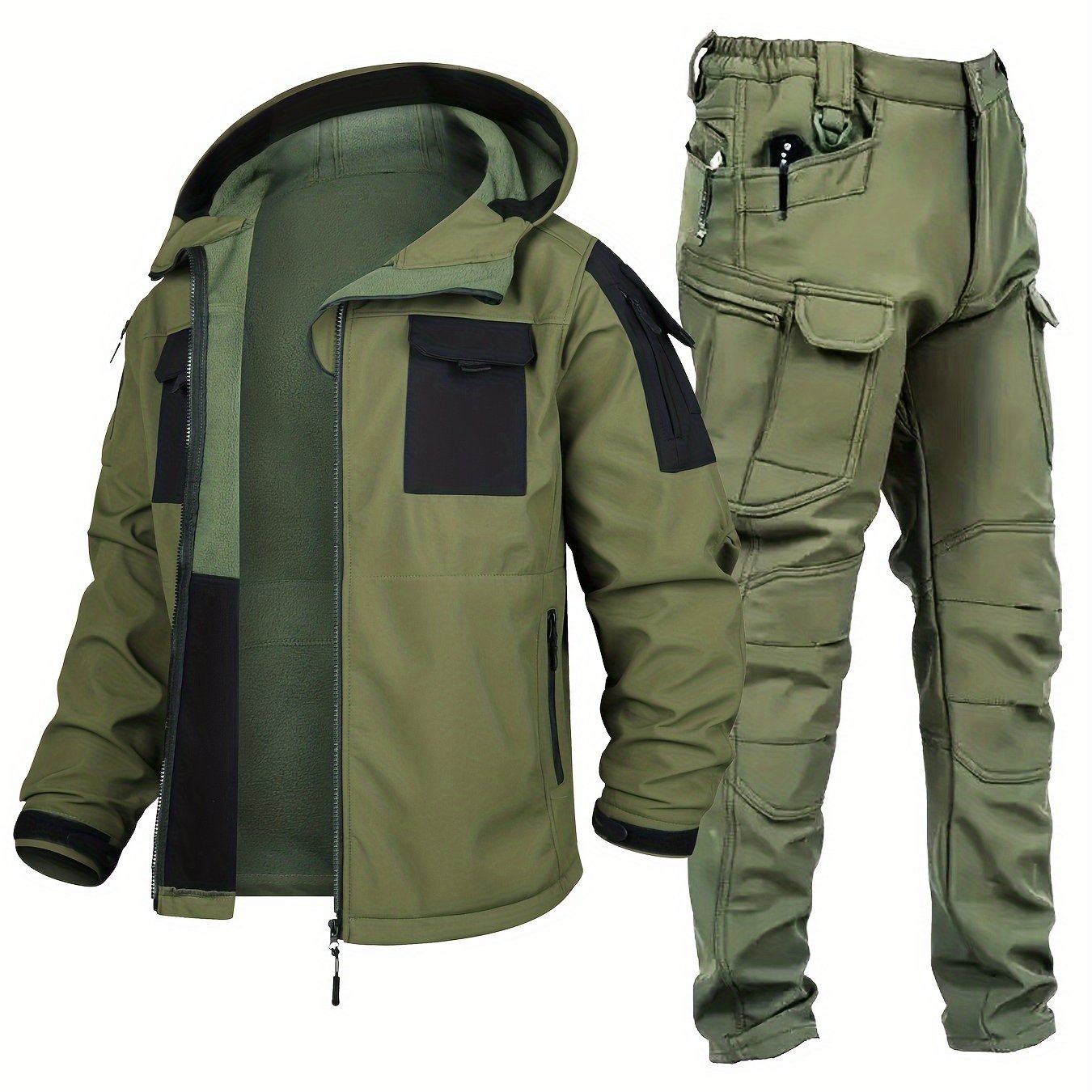 Conjunto de chaqueta y pantalones de senderismo para exteriores para hombre, a prueba de viento y cálido, con múltiples bolsillos, poliéster