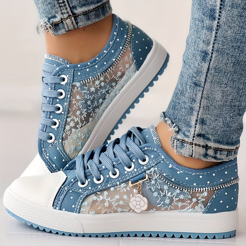 Women's Floral Mesh Synthetic Casual Sneakers Breathable Low-Top Lace-Up