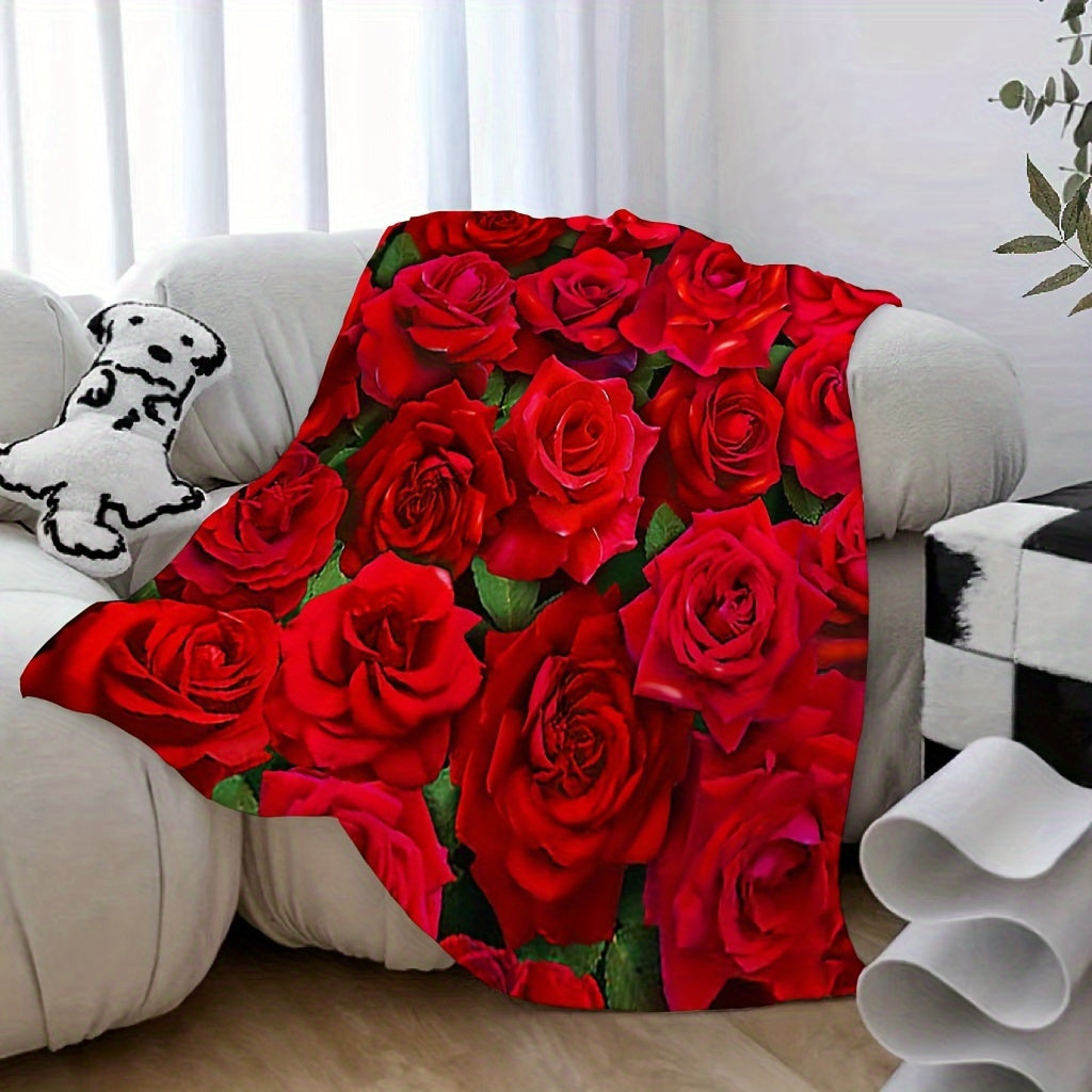 Red Rose Print Flannel Throw Blanket Cozy Warm Gift for Couch Bed or Travel