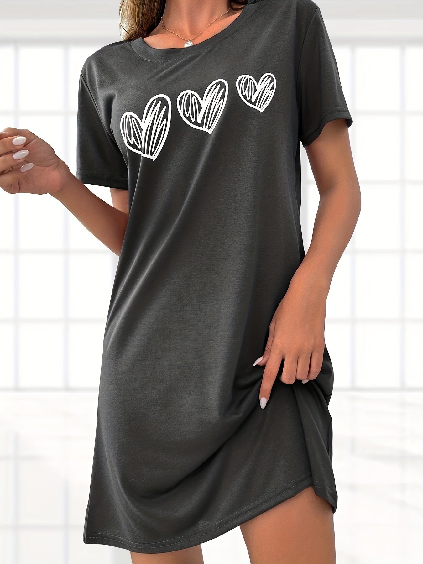 Women's Heart Pattern Sleep Dress Soft Stretchy Short Sleeve Nightgown