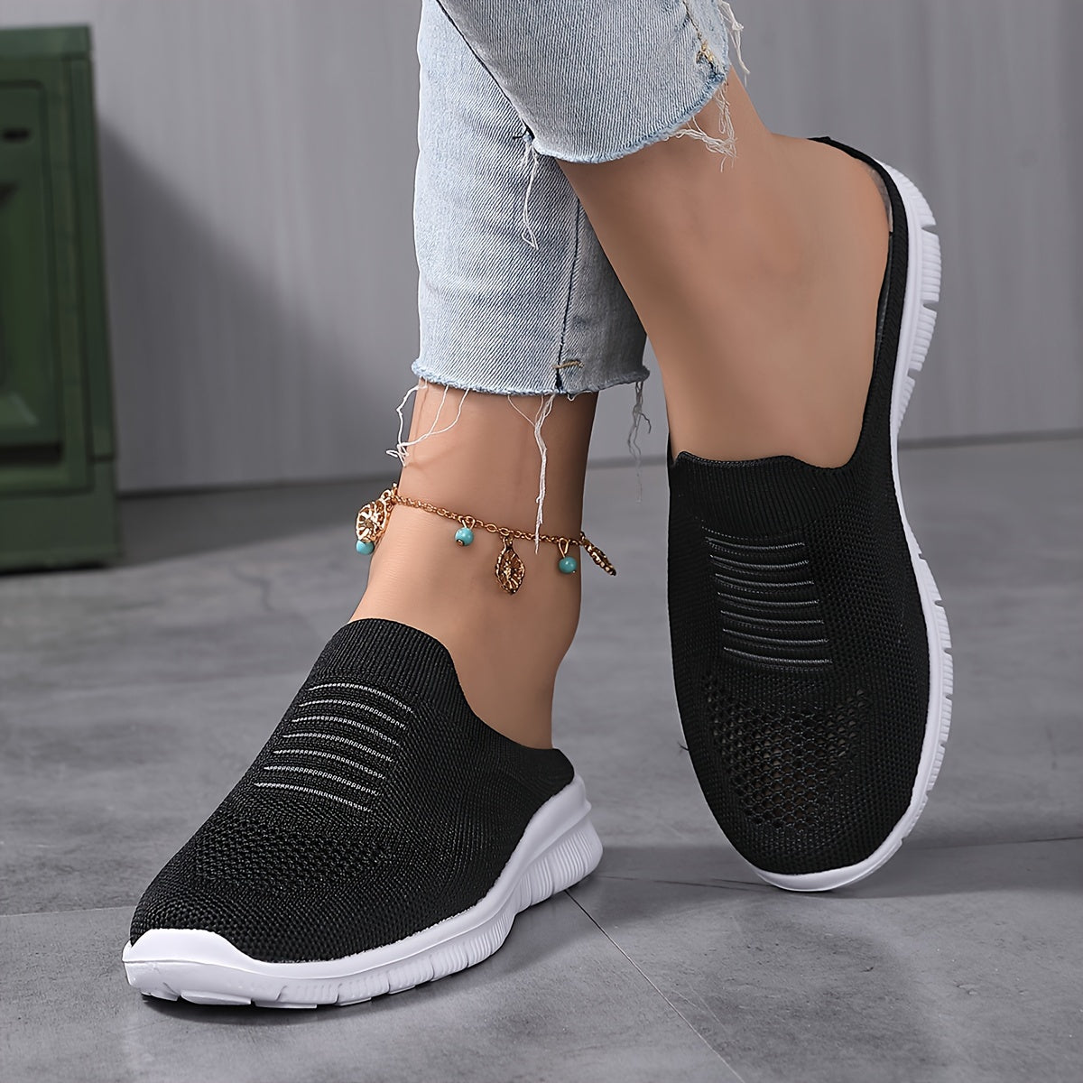 Women's Knit Flat Mules Solid Color Closed Toe Non Slip Casual Shoes