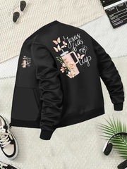 Women's Plus Size Black Zip-Up Bomber Jacket with Pockets and Floral Print