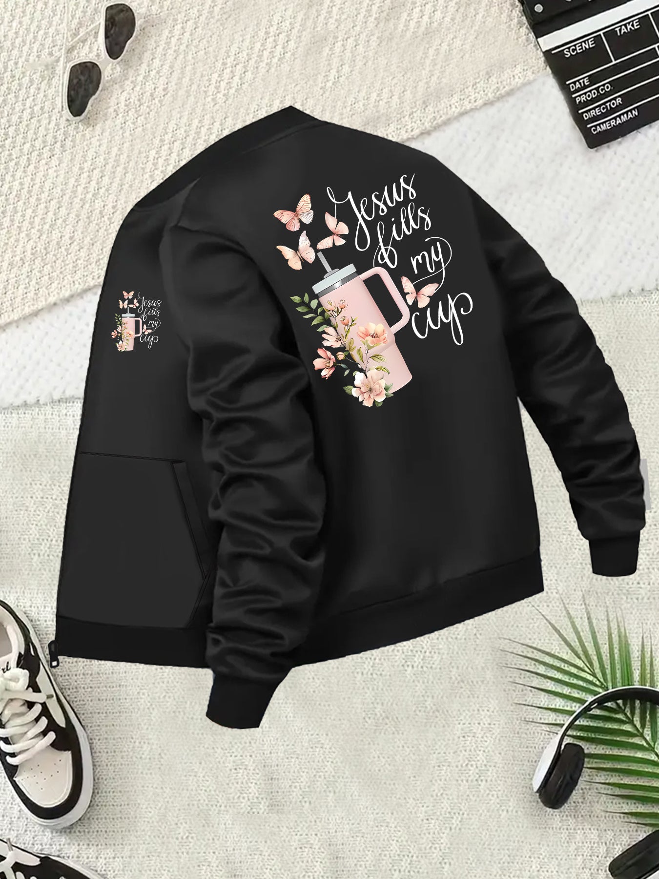 Women's Plus Size Black Zip-Up Bomber Jacket with Pockets and Floral Print