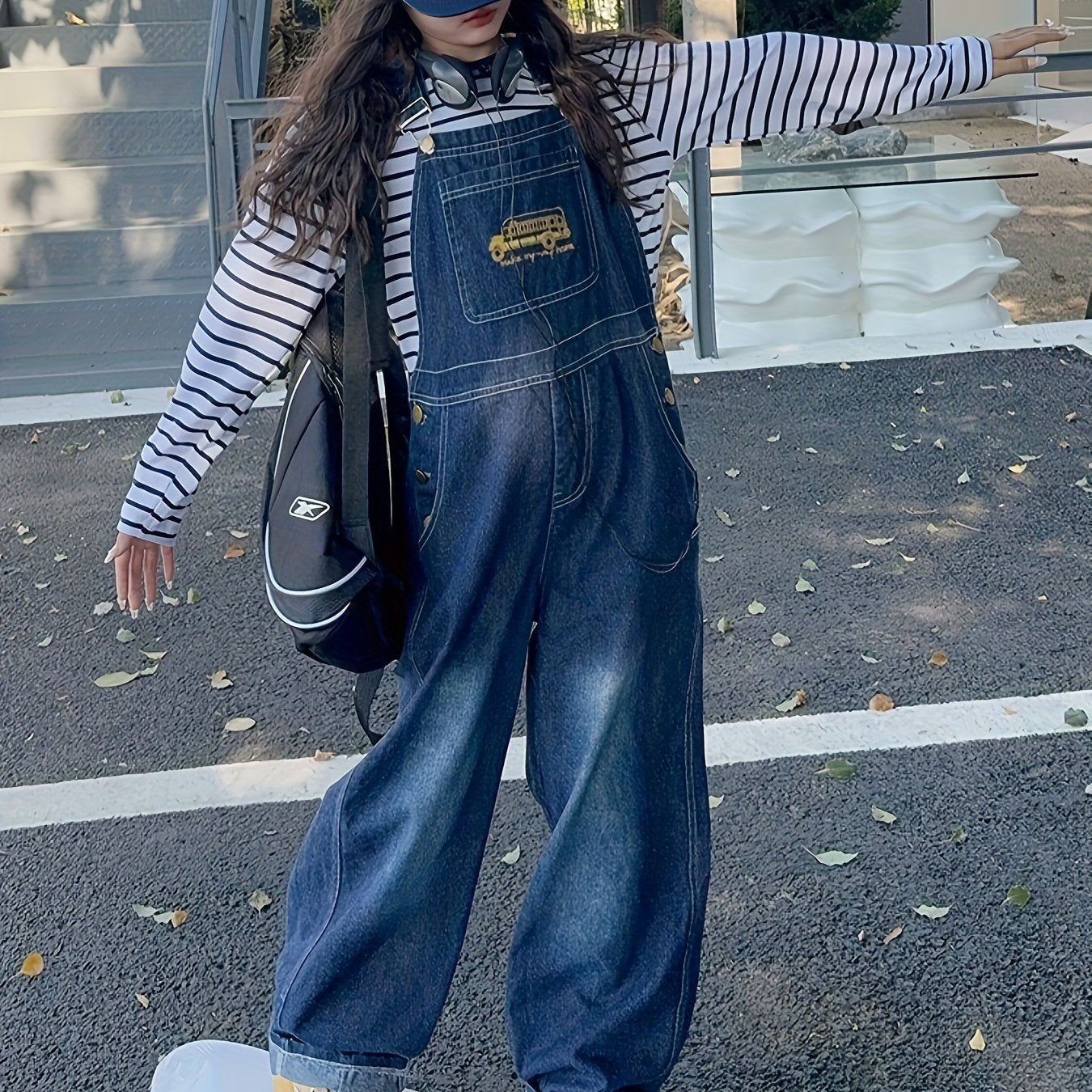 Teen Girls Loose Fit Straight Leg Jeans with Chain Detail and Alphabet Pattern, Cotton Polyester Rayon Blend, Casual Boyfriend Fit for Spring Fall