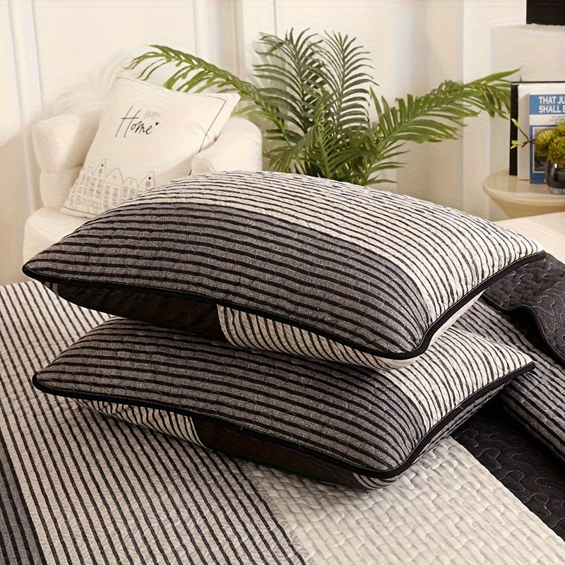 3-Piece Brushed Bedspread Set in Black Grey White Stripes with Pillowcases for Bedroom and Guest Room