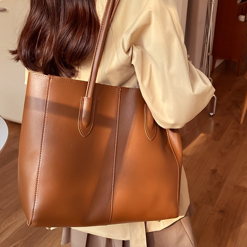 Large Capacity Vintage Style PU Tote Bag for Women Waterproof Office Daily Use