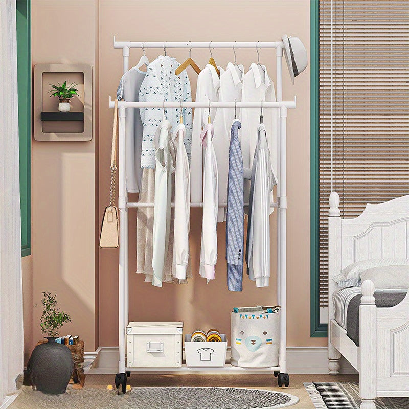 White Metal Clothes Rack with Shoe and Hat Storage, Dual-Pole, Mobile Coat Organizer