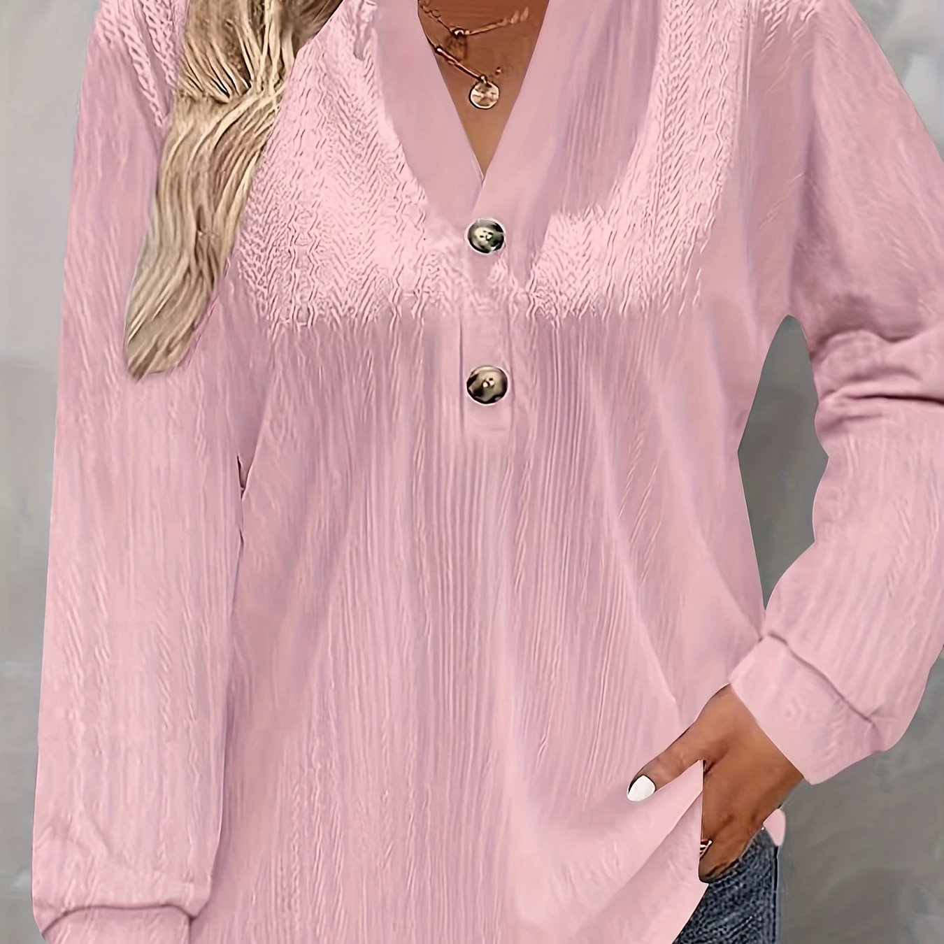Pink Women's Long Sleeve V-Neck T-Shirt with Button Detail for Fall Winter