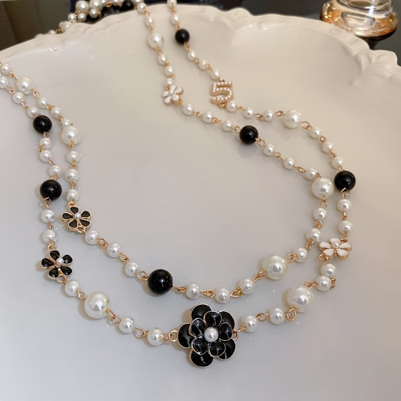 Vintage-Inspired Long Chain Necklace with Faux Pearls and Multilayered Design