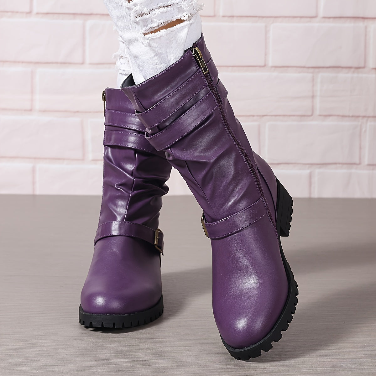 Women's Solid Color Chunky Heel Boots with Side Zipper Mid Calf Boots