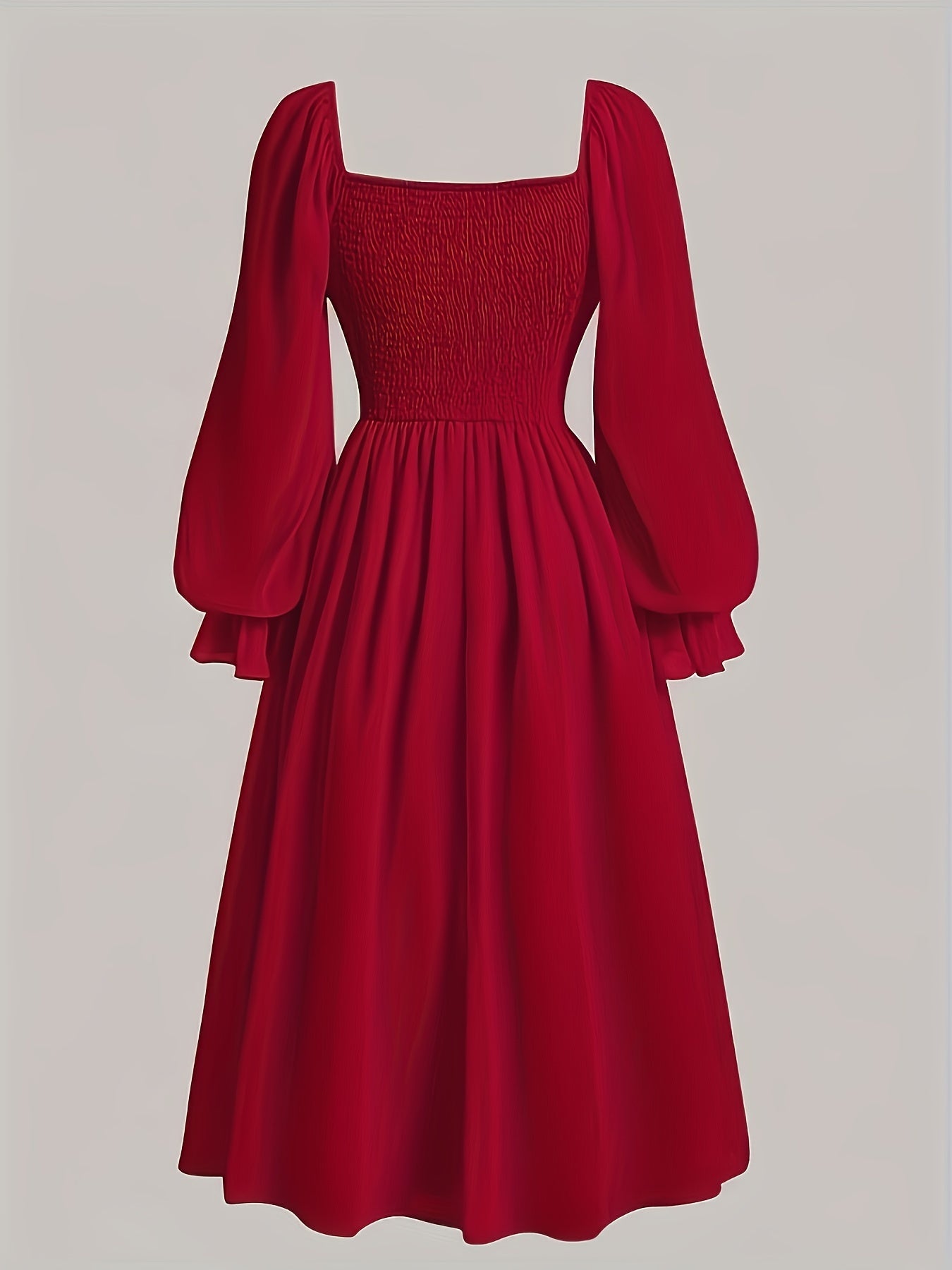 Women's Square Neck Ruched A-Line Dress with Lantern Sleeves and Ruffle Hem