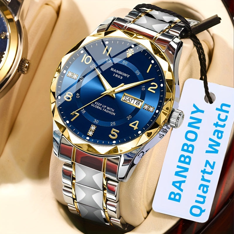 Men's Stainless Steel Quartz Watch with Roman Numeral Dial and Date Calendar